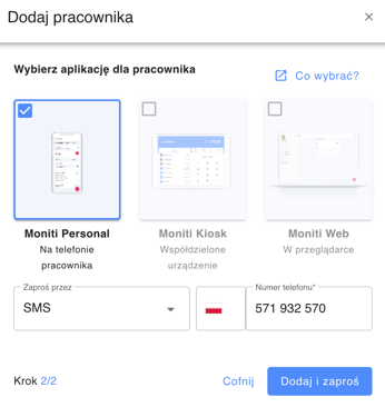 Dodawanie pracownika - wybór aplikacji 