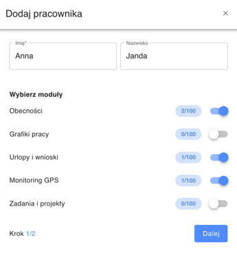 Wybór modułów dodawanie pracownika